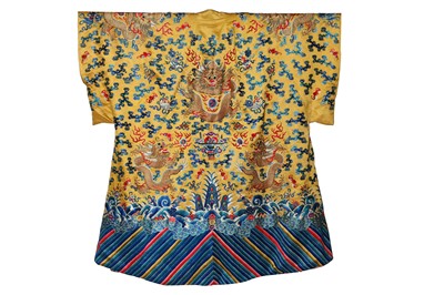 Lot 522 - An embroidered yellow satin dragon robe, Chinese for the Western market, early to mid-20th Century