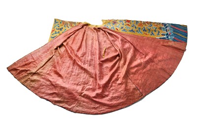 Lot 522 - An embroidered yellow satin dragon robe, Chinese for the Western market, early to mid-20th Century