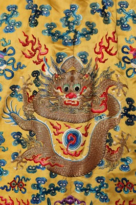Lot 522 - An embroidered yellow satin dragon robe, Chinese for the Western market, early to mid-20th Century