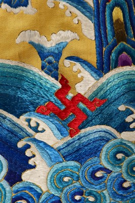 Lot 522 - An embroidered yellow satin dragon robe, Chinese for the Western market, early to mid-20th Century