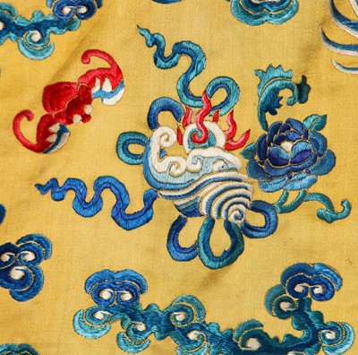 Lot 522 - An embroidered yellow satin dragon robe, Chinese for the Western market, early to mid-20th Century