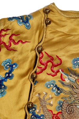 Lot 522 - An embroidered yellow satin dragon robe, Chinese for the Western market, early to mid-20th Century