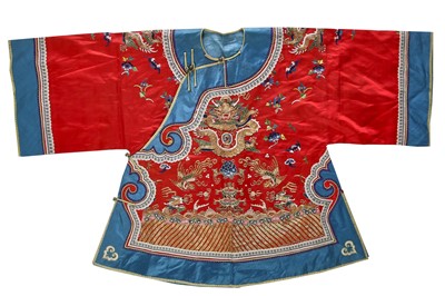 Lot 523 - A child's embroidered red satin dragon robe, Chinese, late 19th-early 20th century