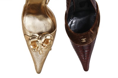 Lot 41 - A pair of Chanel gold embossed leather sling-back shoes, early 2000s