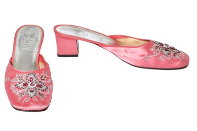 Lot 356 - A pair of Christian Dior beaded pink satin mules, late 1960s