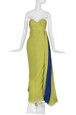 Lot 122 - A Jean Dessès couture chartreuse yellow and royal blue chiffon evening gown, circa 1959