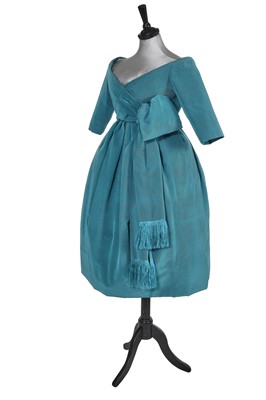 Lot 116 - A Christian Dior by Yves Saint Laurent turquoise-blue cocktail dress, 'Courbe' line, Autumn-Winter 1958-59