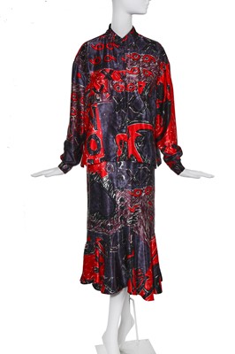 Lot 207 - Sue Clowes '999 Red Devil' print satin jacket and mermaid skirt, Autumn-Winter 1985-86