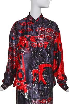 Lot 207 - Sue Clowes '999 Red Devil' print satin jacket and mermaid skirt, Autumn-Winter 1985-86