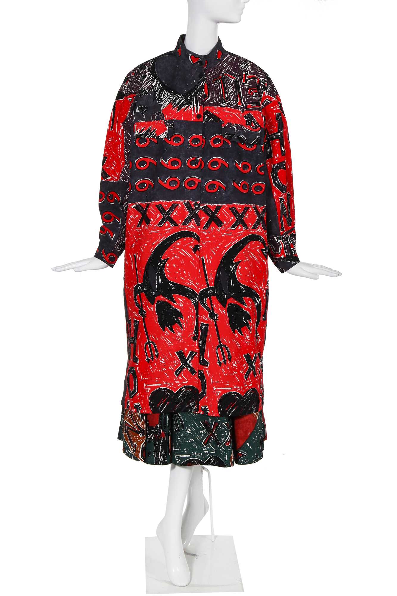 Lot 208 - Sue Clowes '999 Red Devil' printed cotton shirt-dress and skirt, Autumn-Winter 1985-86