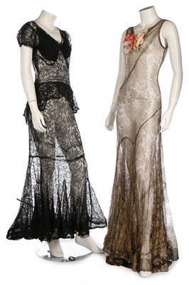 Lot 373 - A bias cut gold lace evening gown, early 1930s,...