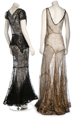 Lot 373 - A bias cut gold lace evening gown, early 1930s,...