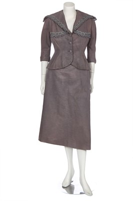 Lot 331 - A Marcel Rochas grey repped silk cocktail suit, late 1940s