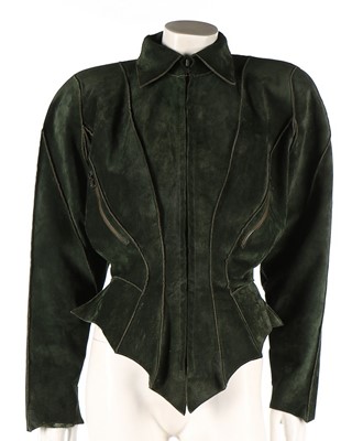 Lot 389 - A Thierry Mugler sculpted green suede jacket,...