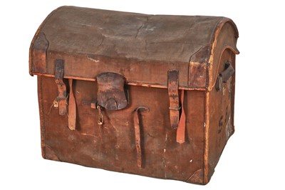 Lot 411 - A leather bound canvas trunk containing lace trimmings, men's shirts and lingerie