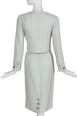 Lot 25 - A Chanel pastel blue and white houndstooth rayon-cotton suit, Spring-Summer 1993