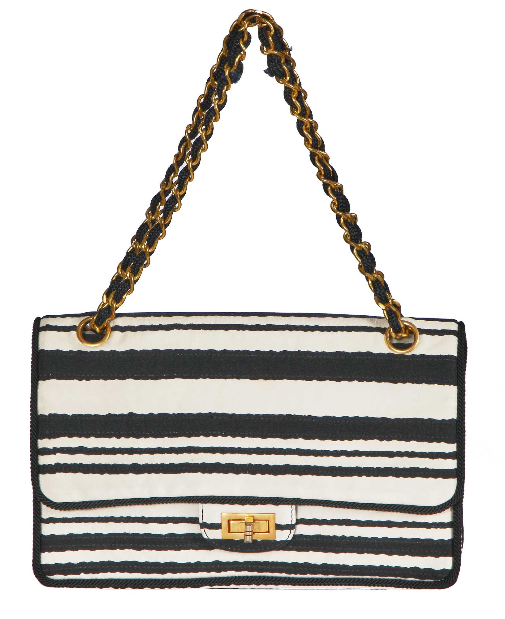 Click for high resolution Lot 22 - A Chanel 2.55 bag in black and white striped silk, 1966