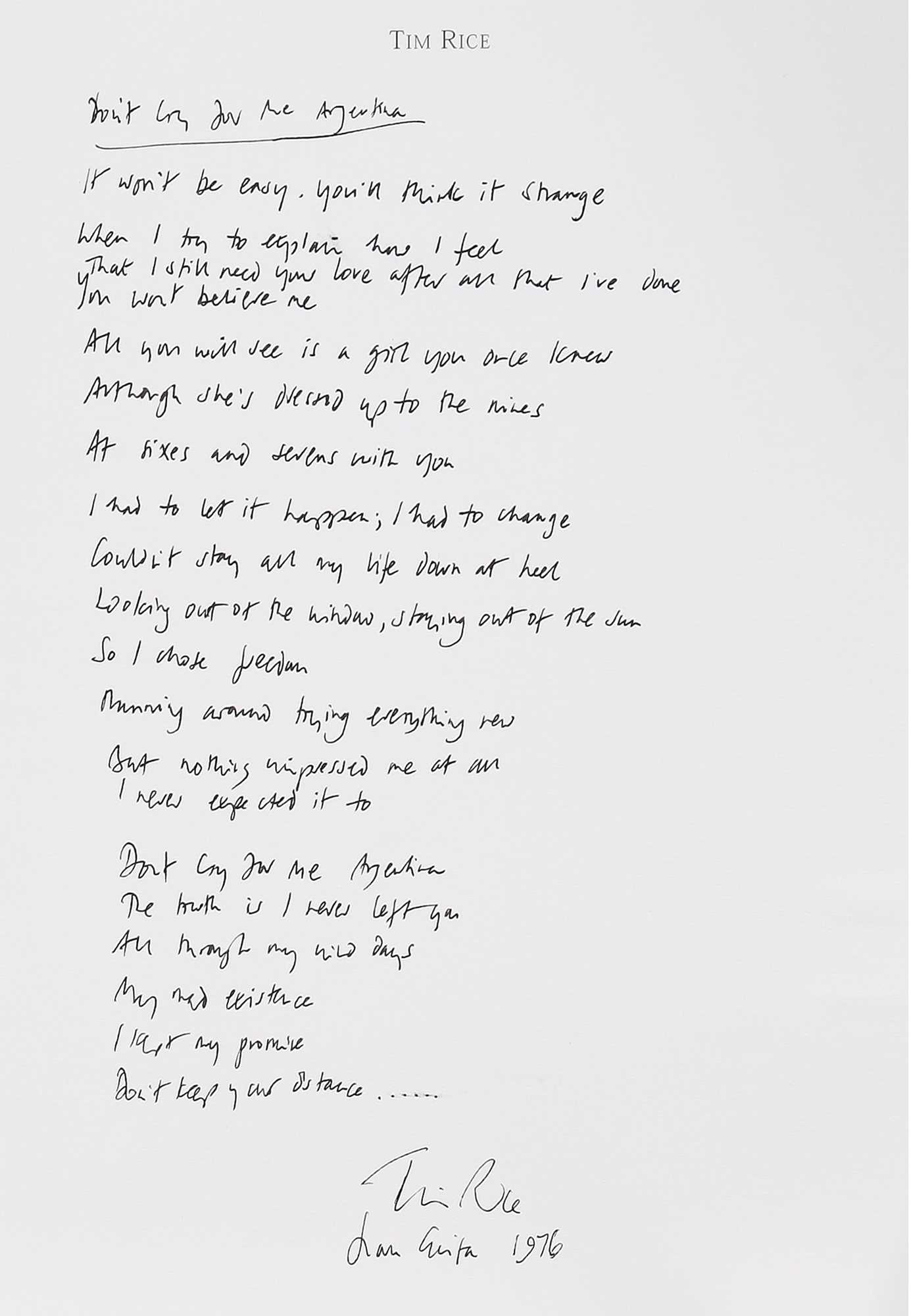Lot 65 - Handwritten lyrics by Sir Tim Rice  for 'Don't Cry for me Argentina'