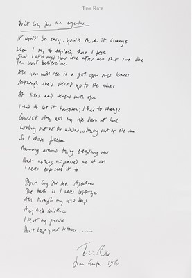 Lot 65 - Handwritten lyrics by Sir Tim Rice  for 'Don't Cry for me Argentina'