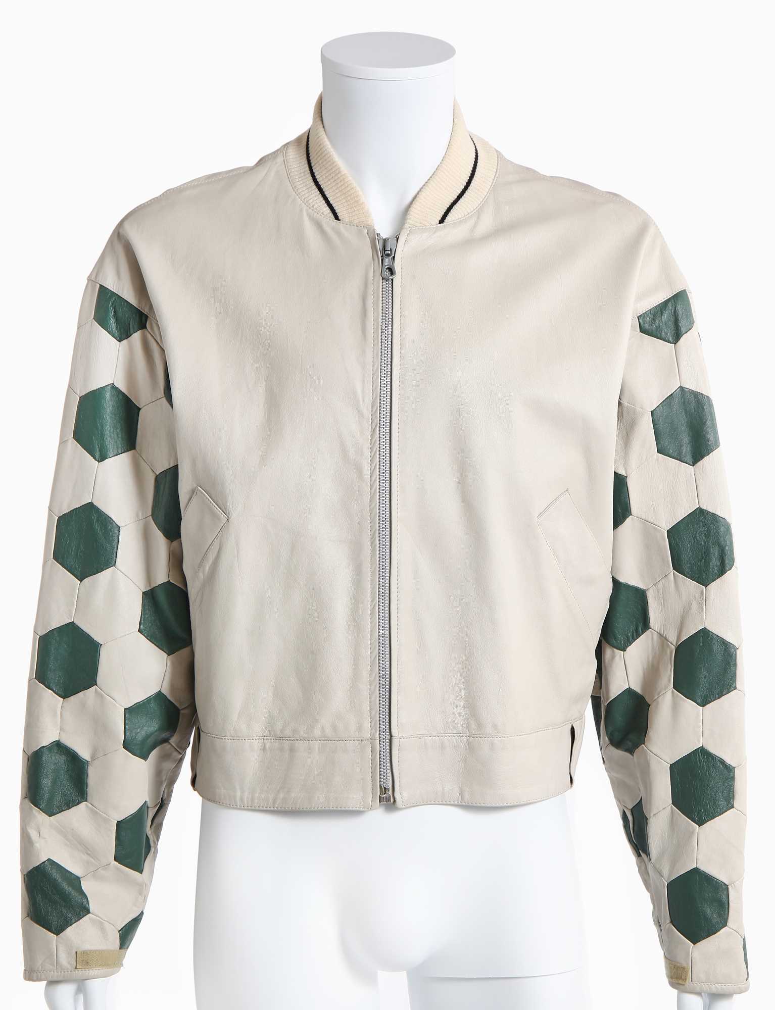 Click for high resolution Lot 45 - A Jean Paul Gaultier man's green and white leather 'Pelé' jacket, Spring-Summer 1987