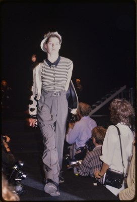 Lot 45 - A Jean Paul Gaultier man's green and white leather 'Pelé' jacket, Spring-Summer 1987