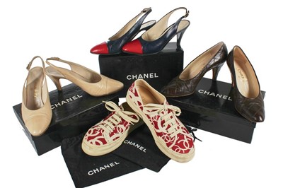 Lot 170 - Three pairs of Chanel leather shoes,...