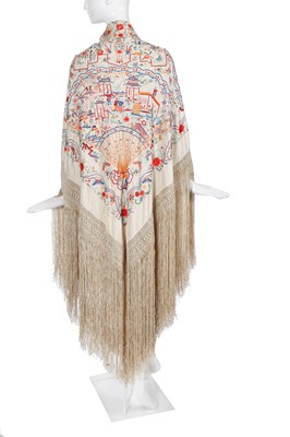 Lot 467 - An embroidered ivory silk shawl, Cantonese for the European market, 1920s