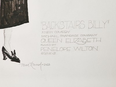 Lot 97 - Tom Rand: three costume designs for Penelope Wilton in her role as Queen Elizabeth, The Queen Mother in 'Backstairs Billy' and a theatre poster signed by members of the cast