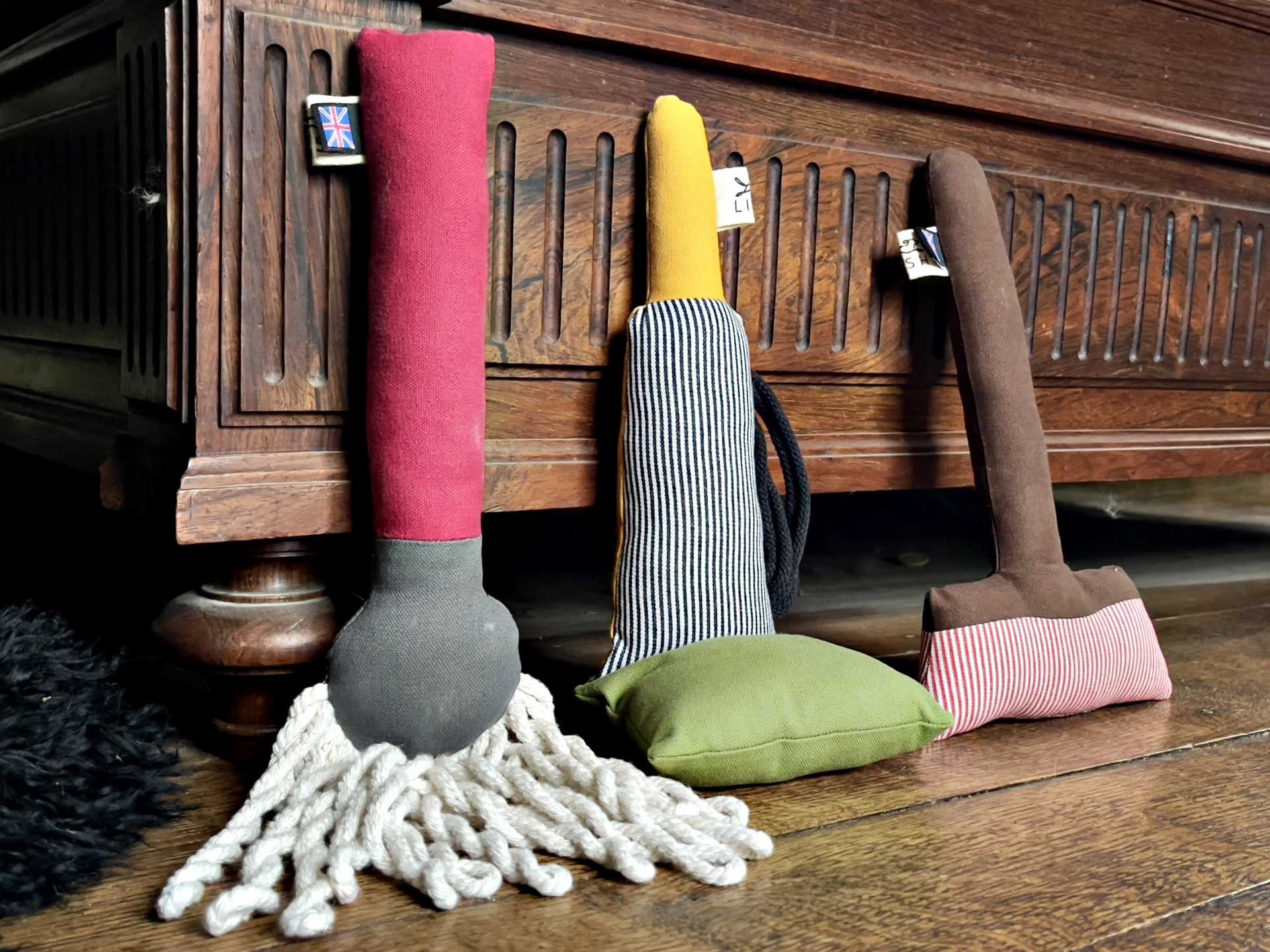Lot 96 - Canine Couture: Set of handcrafted LISH London squeaky luxury dog toys - vacuum, broom & mop