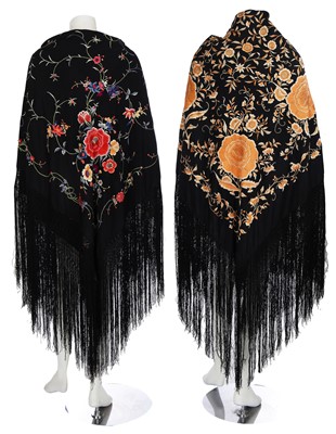 Lot 461 - Two Cantonese embroidered black silk shawls, Chinese for the European market, 1920s