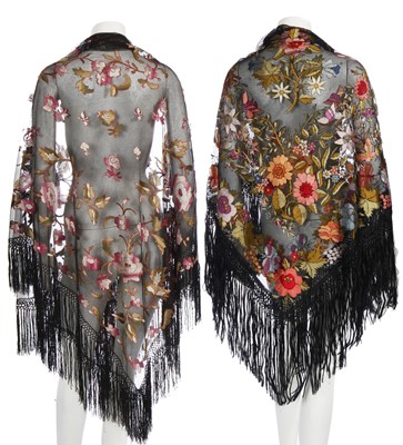 Lot 397 - Two Beauvais embroidered net shawls, French, circa 1920