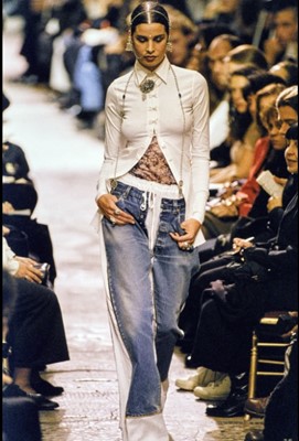 Lot 93 - A rare pair of Jean Paul Gaultier men's trousers, 'Tattoos/The Raw and Refined' collection, Spring-Summer 1994