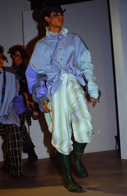 Lot 39 - A John Galliano patchwork linen 'Big' shirt, 'The Ludic Game' collection, Autumn-Winter 1985-86