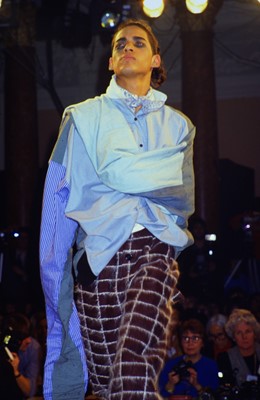 Lot 39 - A John Galliano patchwork linen 'Big' shirt, 'The Ludic Game' collection, Autumn-Winter 1985-86