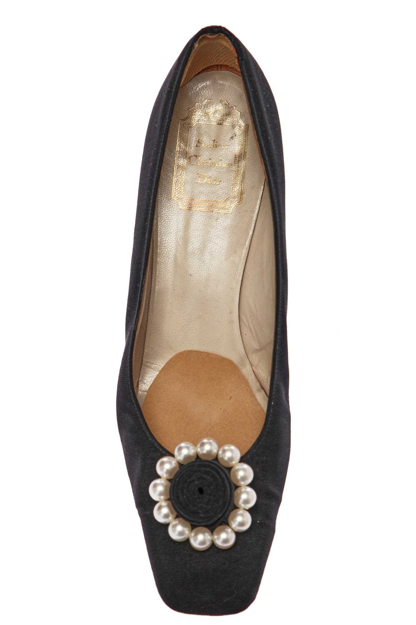 Lot 309 - A pair of Christian Dior 'Dior Rose' black silk and faux pearl shoes, circa 1965