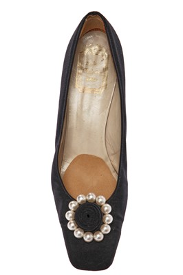 Lot 309 - A pair of Christian Dior 'Dior Rose' black silk and faux pearl shoes, circa 1965