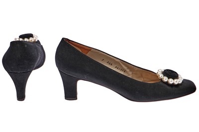 Lot 309 - A pair of Christian Dior 'Dior Rose' black silk and faux pearl shoes, circa 1965