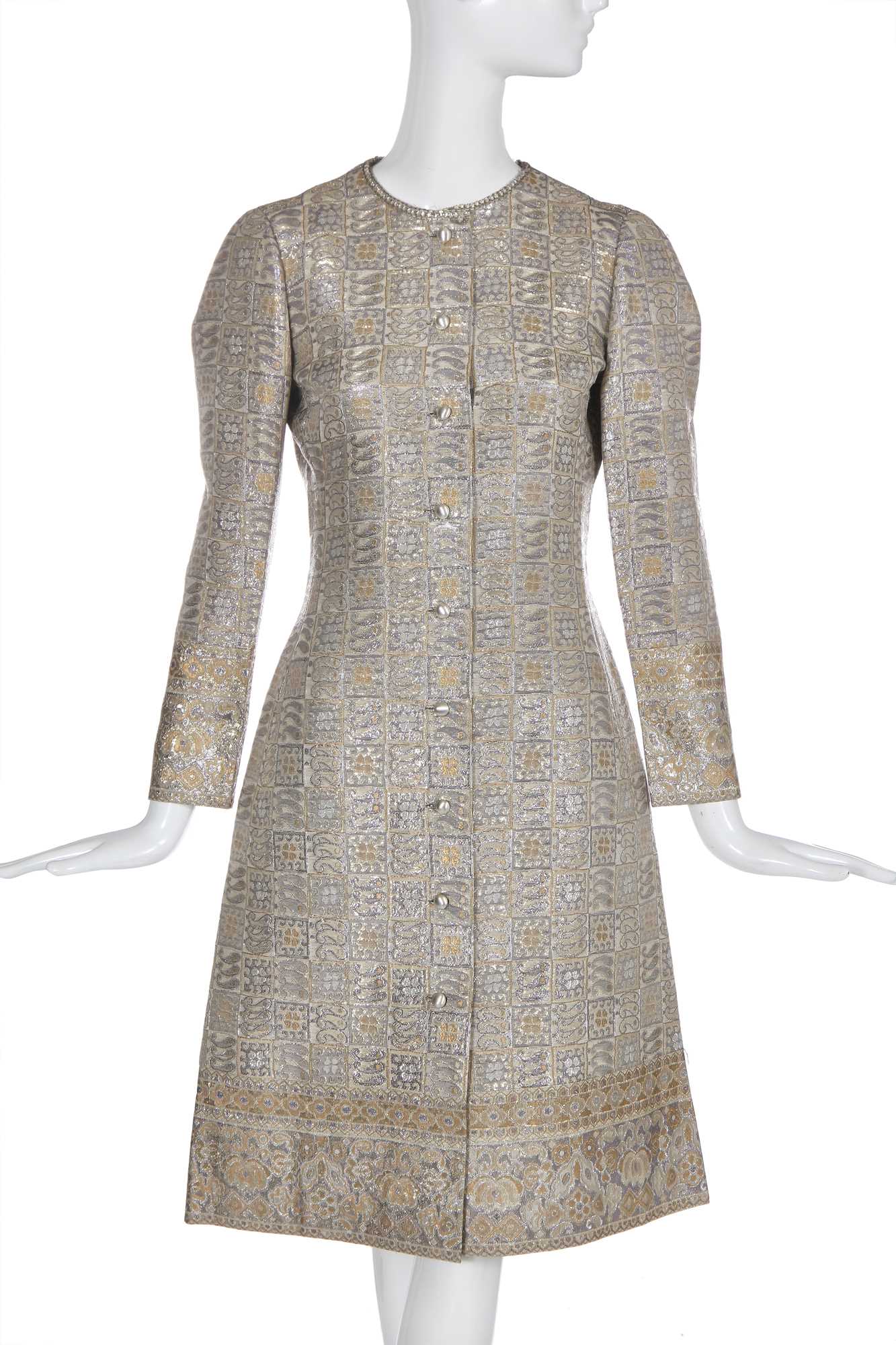 Lot 403 - A Christian Dior Iran by Marc Bohan gold and silver lamé evening coat, late 1960s-early 1970s