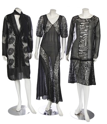 Lot 373 - Three black chiffon and lace dresses, 1920s-30s