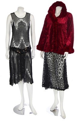 Lot 370 - Two black lace flapper dresses, 1920s