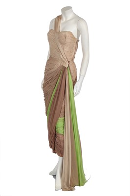 Lot 316 - A Jean Dessès haute couture pale brown and lime green chiffon evening gown, circa 1951