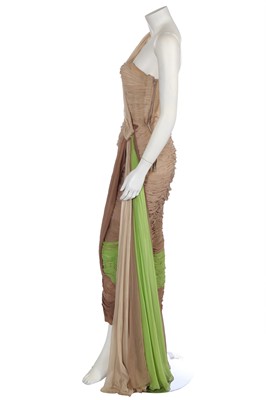 Lot 316 - A Jean Dessès haute couture pale brown and lime green chiffon evening gown, circa 1951