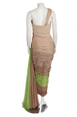 Lot 316 - A Jean Dessès haute couture pale brown and lime green chiffon evening gown, circa 1951