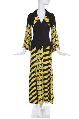 Lot 395 - An Ossie Clark/Celia Birtwell black and yellow moss crêpe dress, 1970s