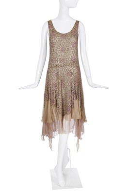 Lot 485 - A pink and beige embroidered flapper dress, 1928-29