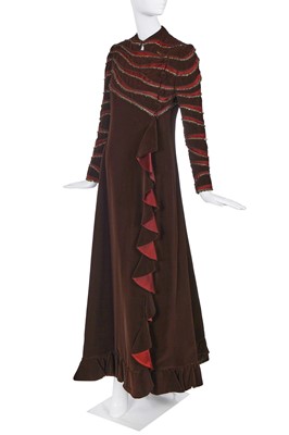 Lot 413 - A Christian Dior London by Marc Bohan embellished brown velvet coat dress, 1969-70