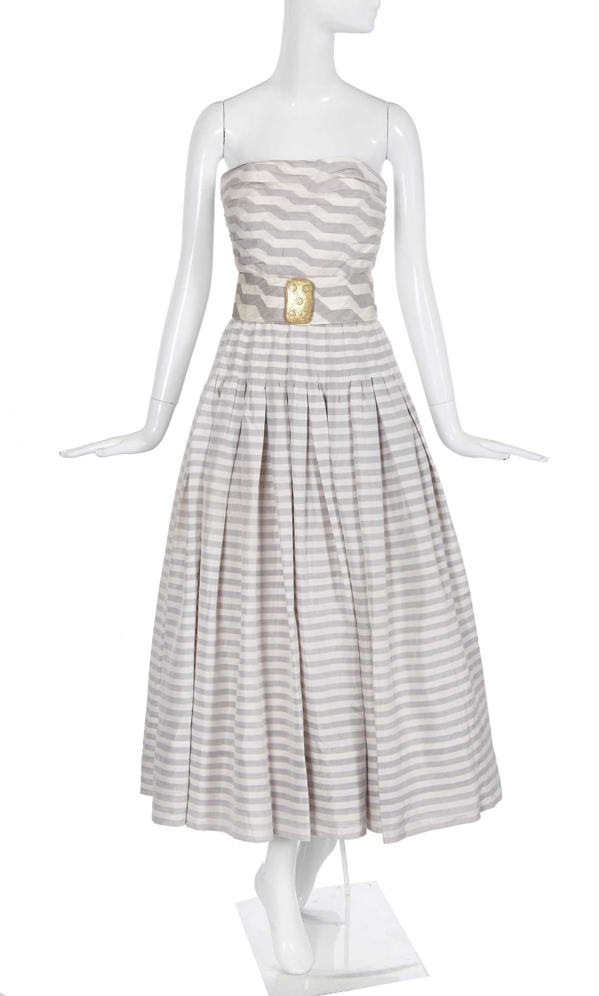 Lot 59 - A Chanel grey and white striped silk cocktail dress, Spring-Summer 1986