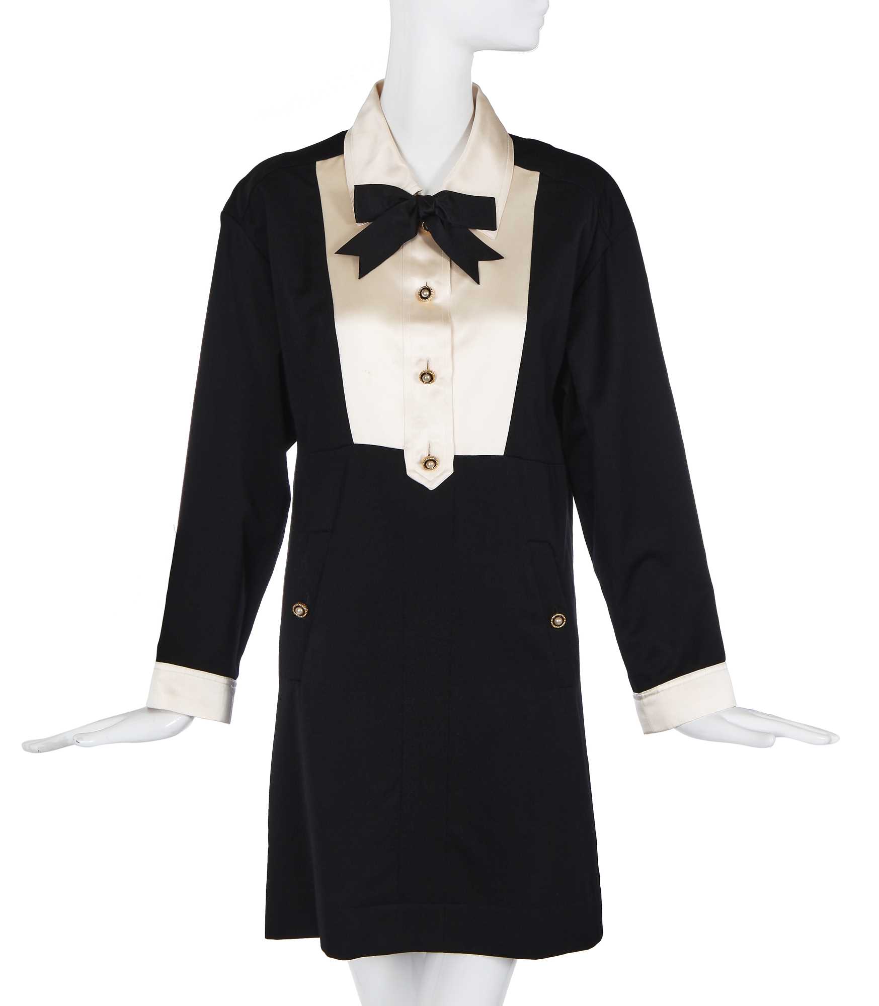 Lot 55 - A Chanel black silk and ivory satin dress, late 1980s