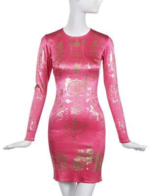 Lot 242 - A Vivienne Westwood stencilled pink satin-lycra dress, 'Portrait' collection, Autumn-Winter 1990-91