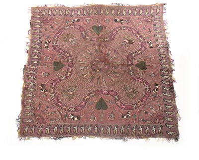 Lot 515 - An embroidered figurative shawl, Indian, mid...